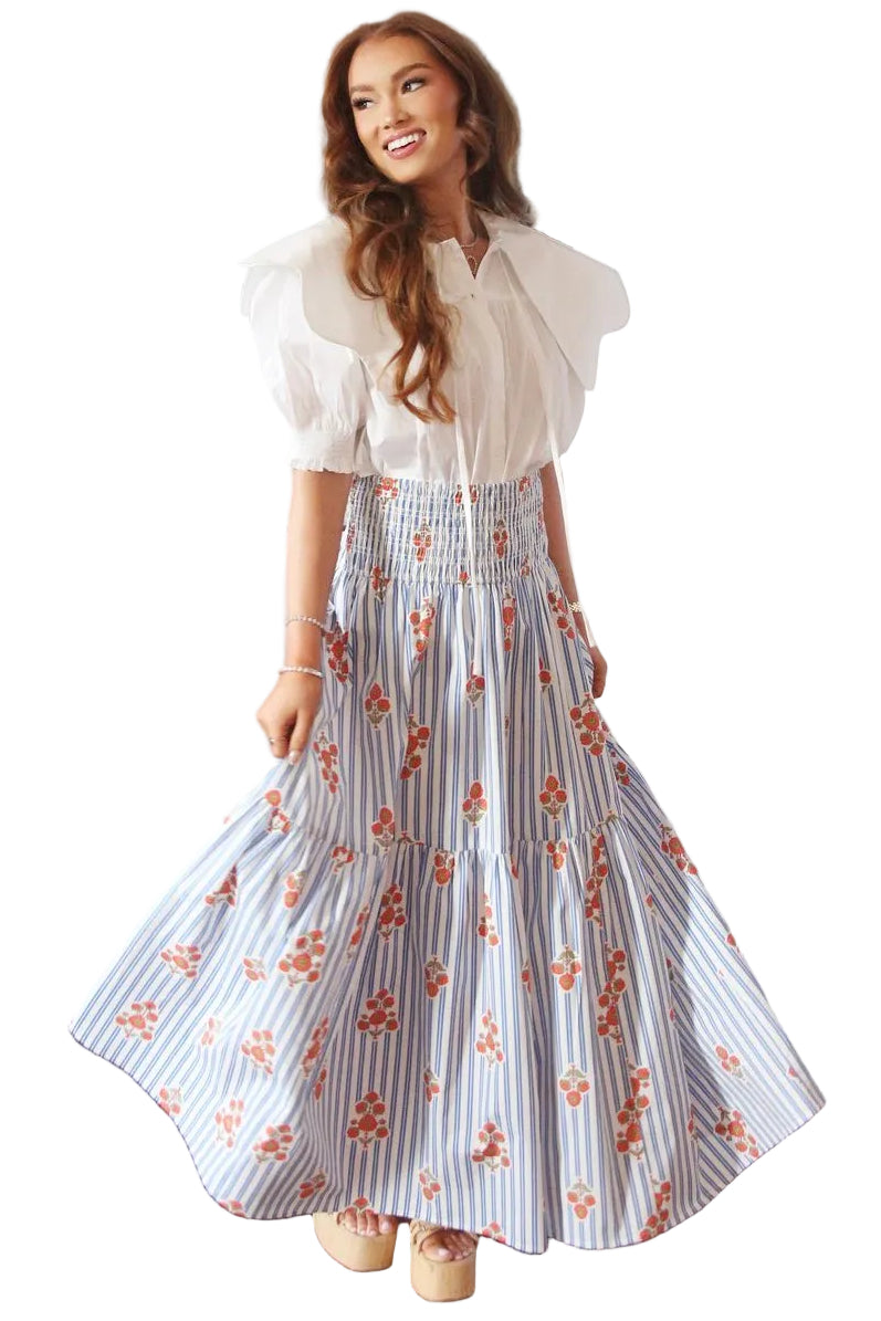 Karlie Stripe Floral Smock Tiered Maxi Skirt
