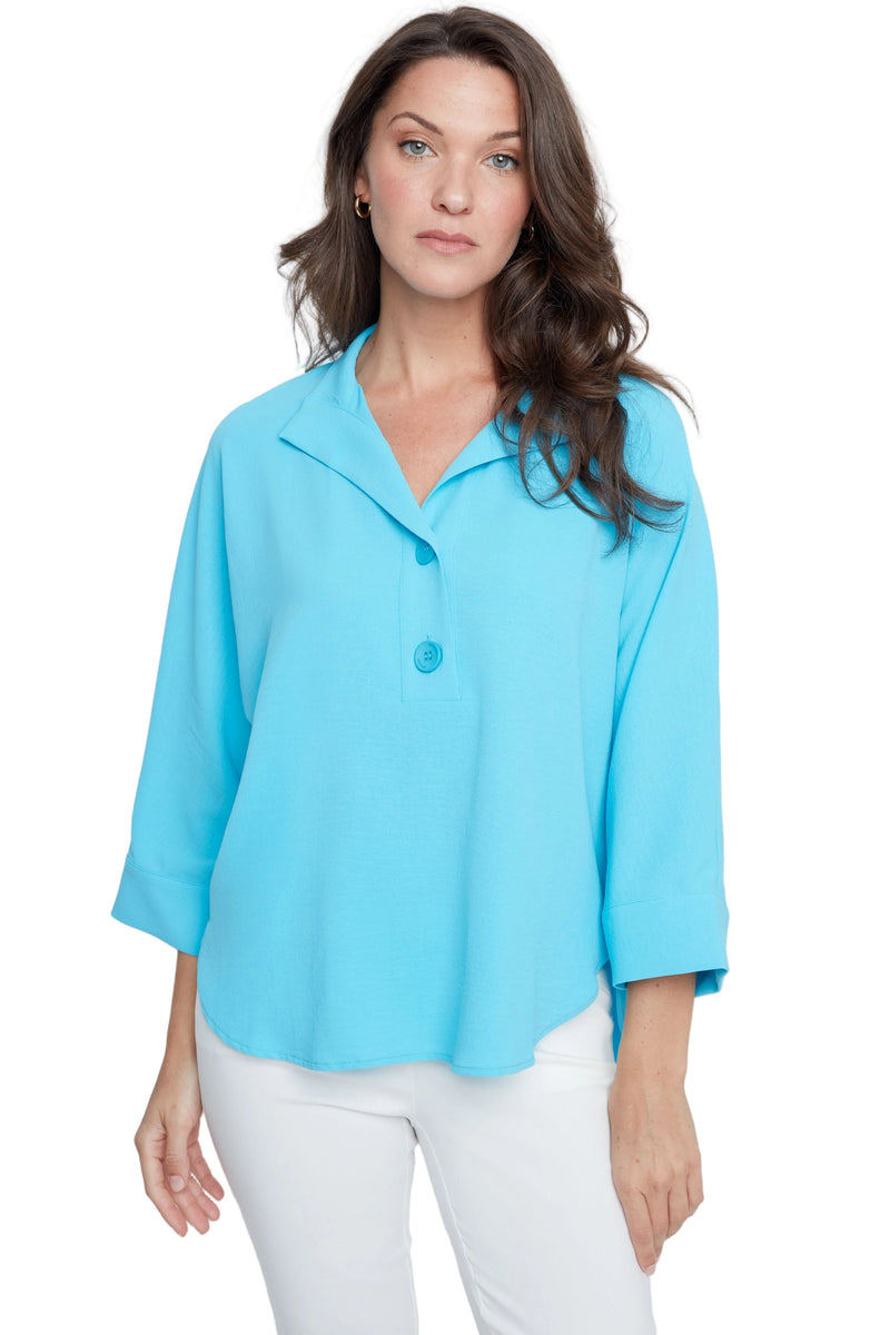 Renuar V-Neck Two Button Top, Ocean