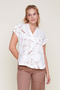 Creme Abstract Button Up V-Neck Top