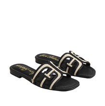 Bay Multicolor Slide Sandal, Black Linen Faux Raffia