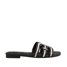 Bay Multicolor Slide Sandal, Black Linen Faux Raffia