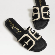Bay Multicolor Slide Sandal, Black Linen Faux Raffia