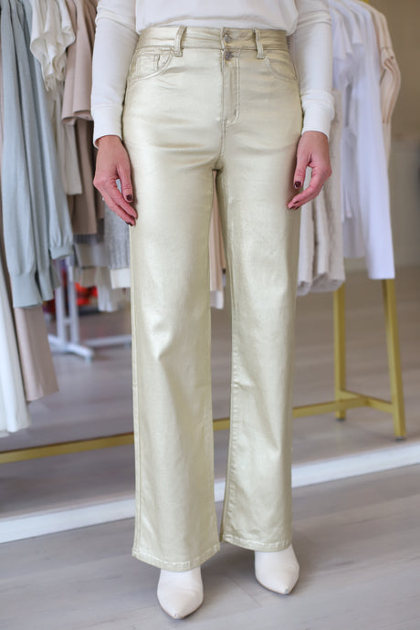 High Rise Coated Pants, Metallic Gold