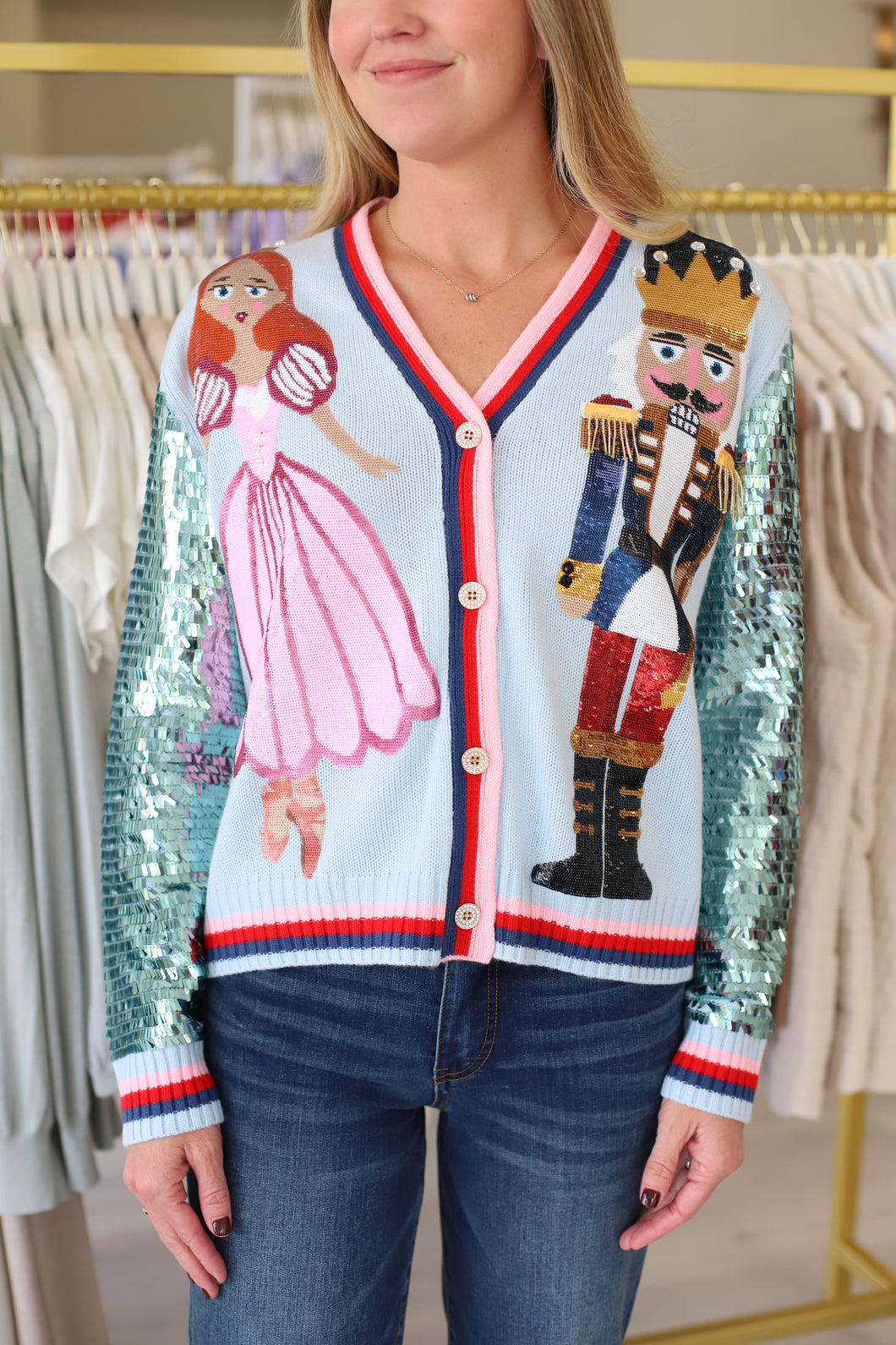 Nutcracker and Clara Shard Sequin Sleeve Cardigan