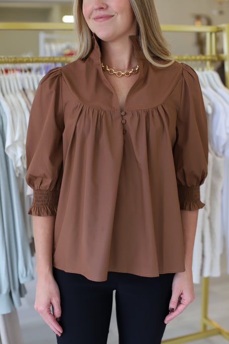 Smocked Sleeve Top, Brown