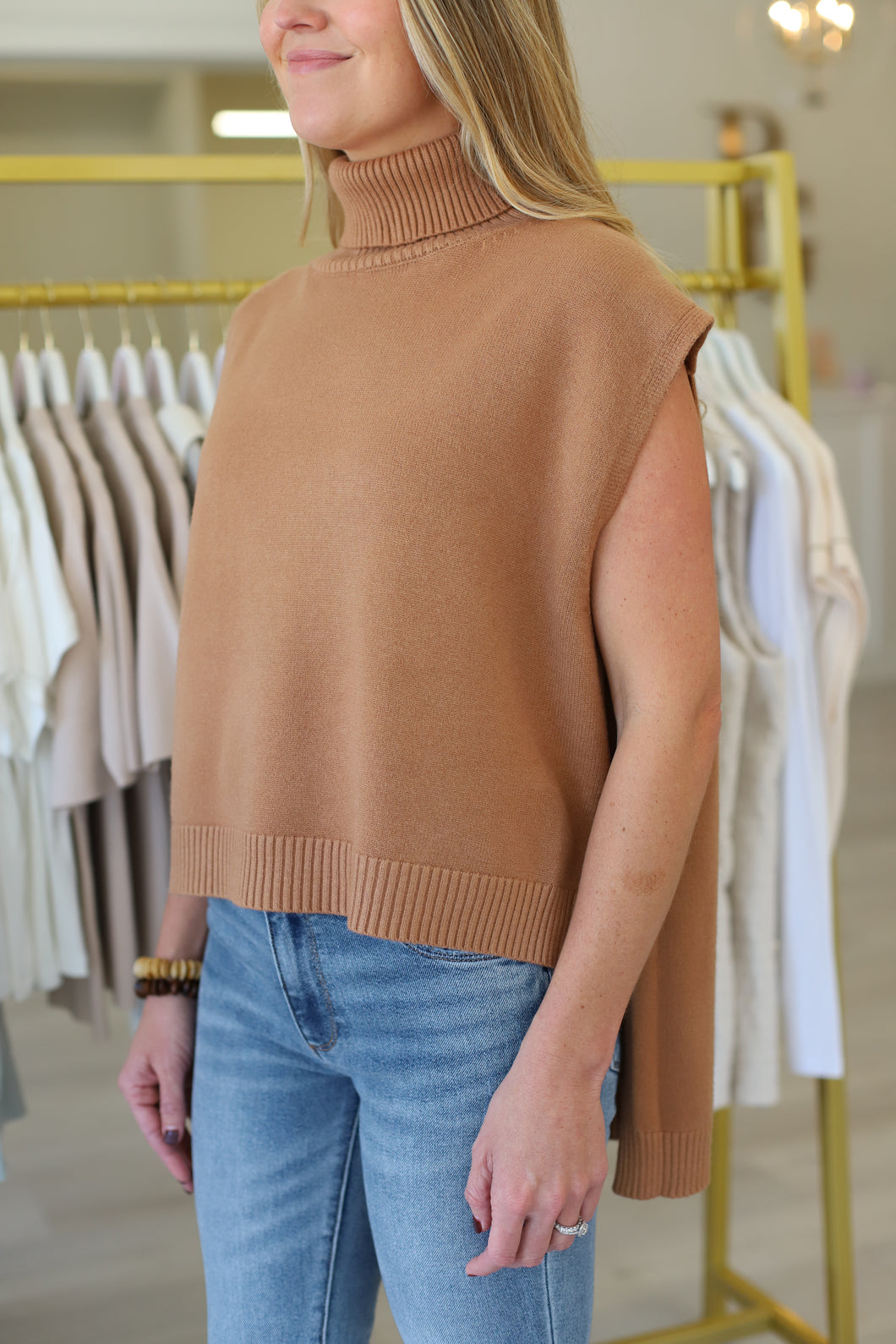 Sleeveless Turtleneck Hi-Lo Sweater