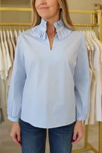 Solid Poplin Ruffle Neck Top, Baby Blue