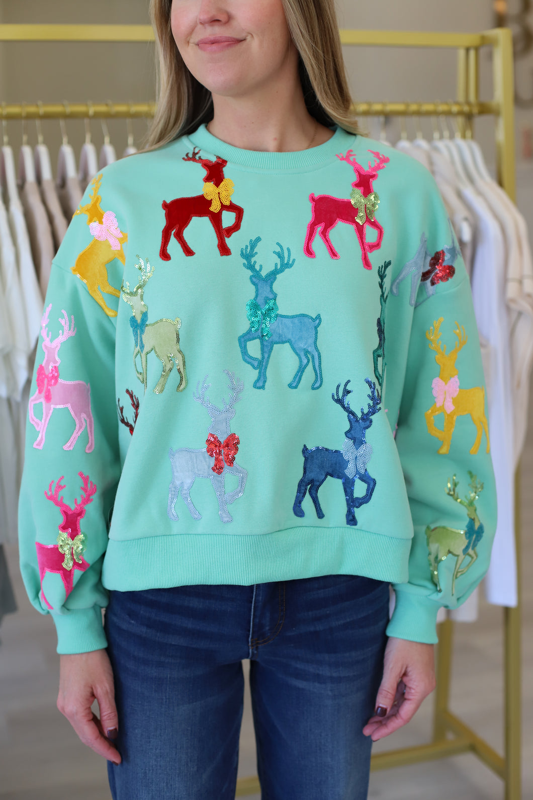 Mint Green Sweatshirt with Velvet Reindeer & Bows