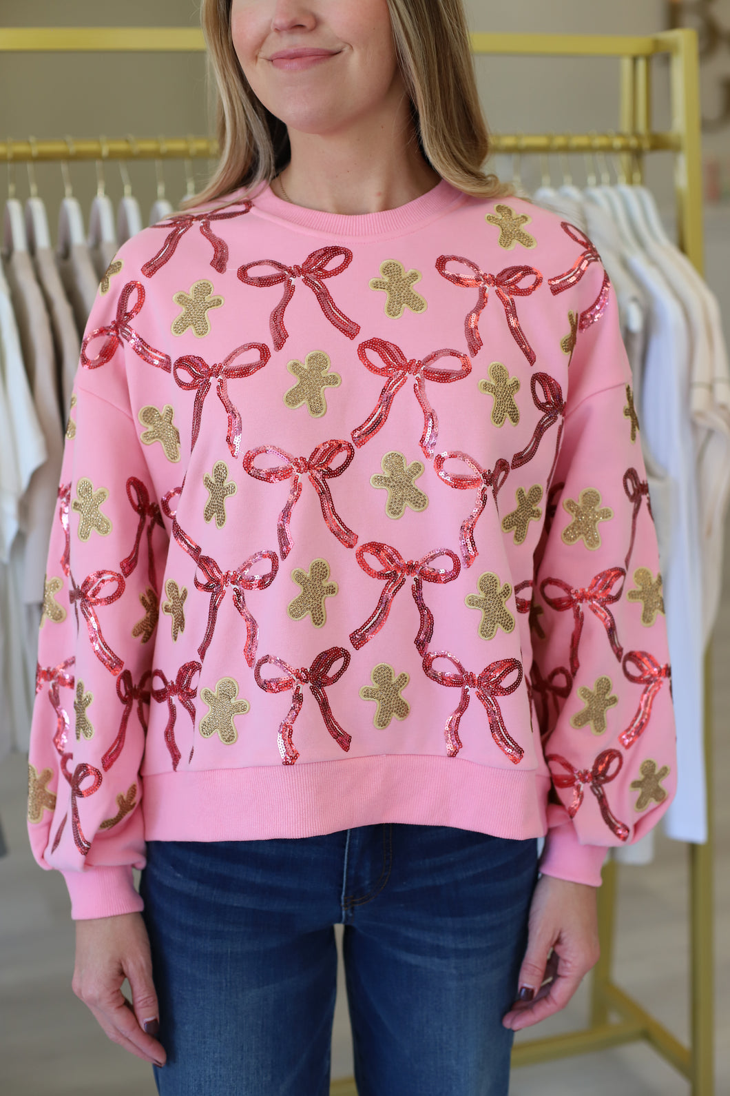 Light Pink Gingerbread Men & Bows Sweatshirt