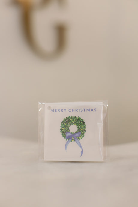 Gift Tag, Watercolor Boxwood Wreath with Blue Bow