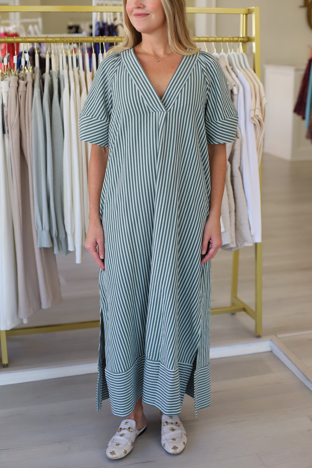 Striped V-Neck Puff Sleeve Maxi Dress