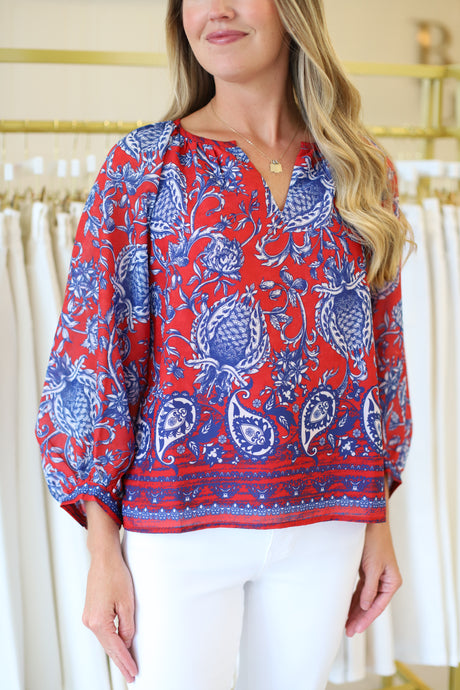 Blue Vines Bishop Sleeve Top