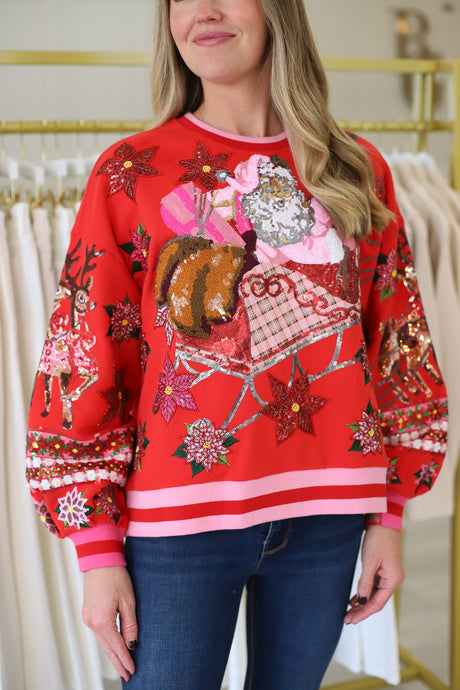 Red and Pink Vintage Poinsettia Santa Sweatshirt