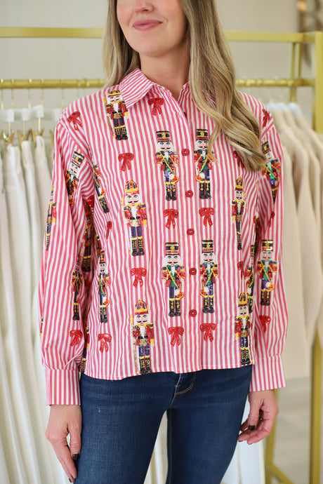 Scattered Nutcracker and Bow Button Up Top