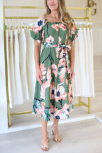 Off-Shoulder Olive Bloom Midi Dress