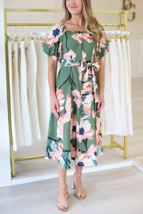 Off-Shoulder Olive Bloom Midi Dress