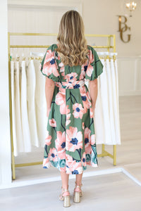 Off-Shoulder Olive Bloom Midi Dress