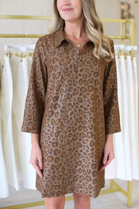 Golden Leopard Collard Bell Sleeve Dress
