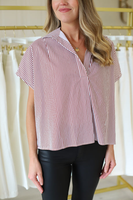 Stripe Signature V-Neck Collar Top, Burgandy