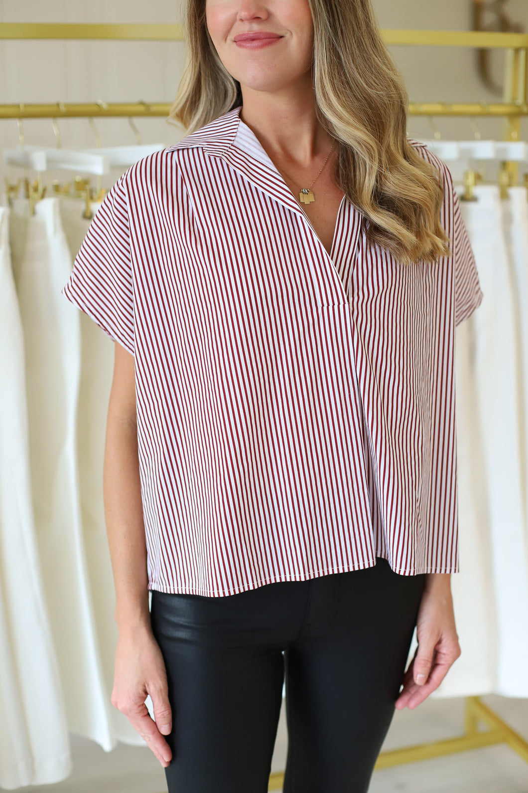 Stripe Signature V-Neck Collar Top, Burgandy