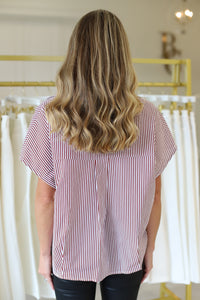 Stripe Signature V-Neck Collar Top, Burgandy