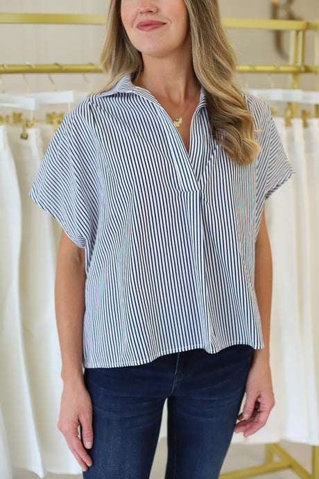 Stripe Signature V-Neck Collar Top, Navy