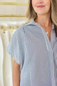 Stripe Signature V-Neck Collar Top, Navy