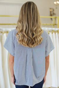 Stripe Signature V-Neck Collar Top, Navy