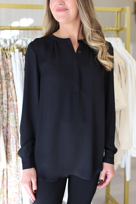 Ruched Neck Button Blouse, Black