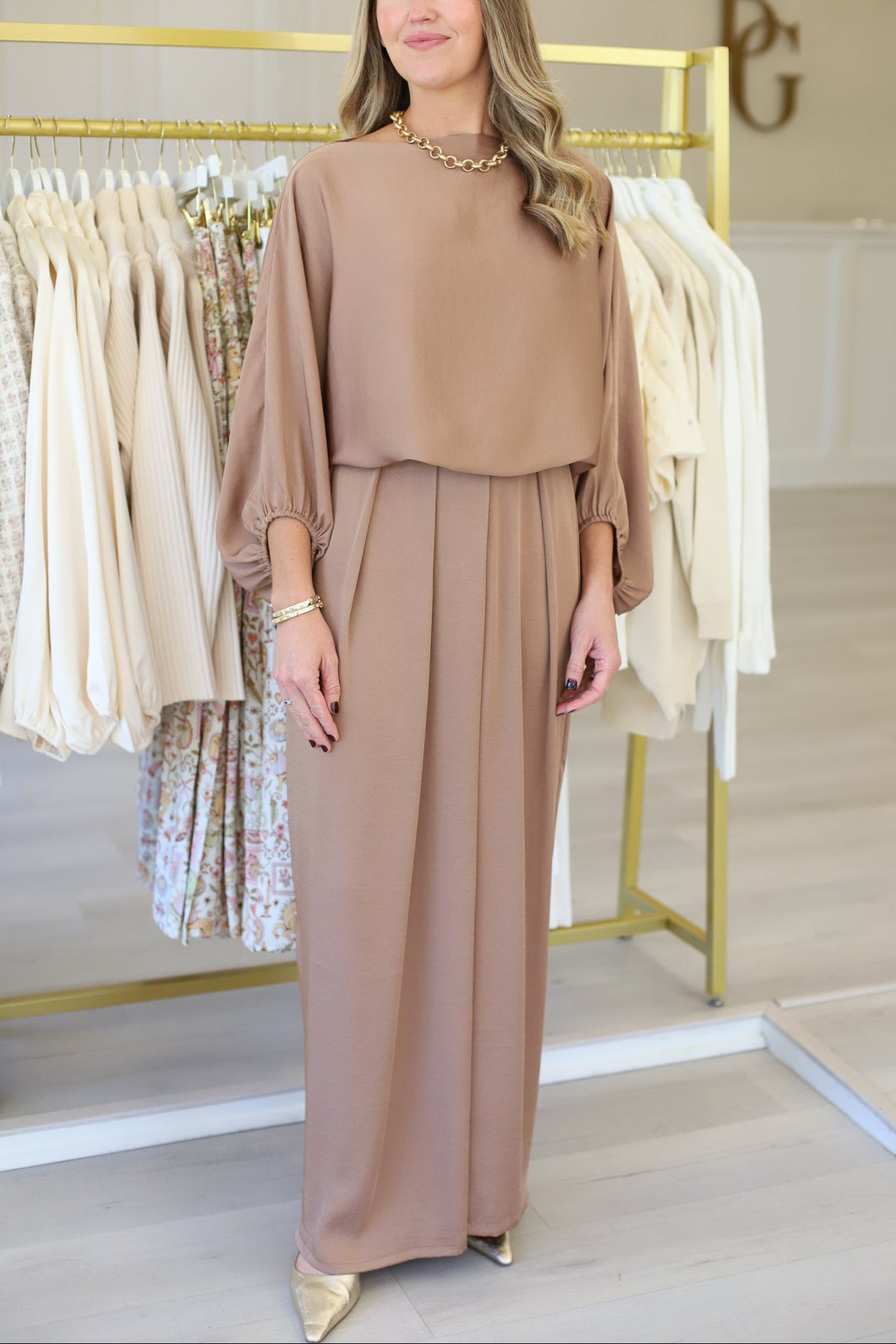 Washed Satin Asymmetrical Pleated Pants, Mocha