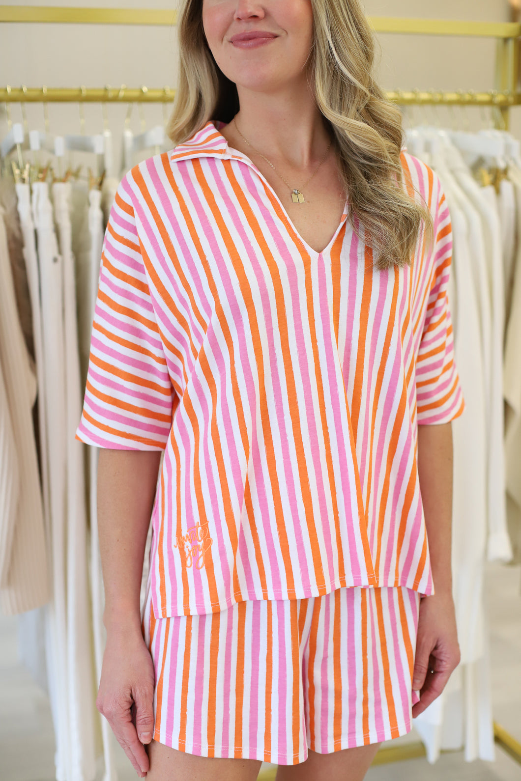 Pajama Short Set, Coral Pink Stripe