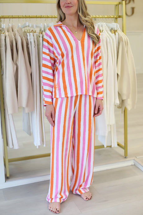 Pajama Pant Set, Coral Pink Stripe