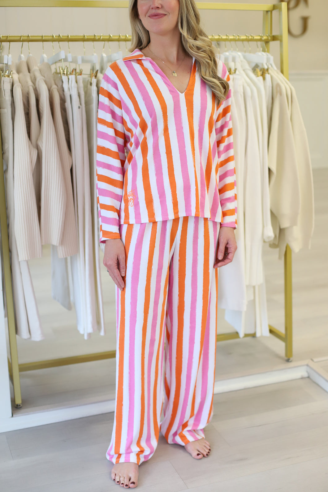 Pajama Pant Set, Coral Pink Stripe