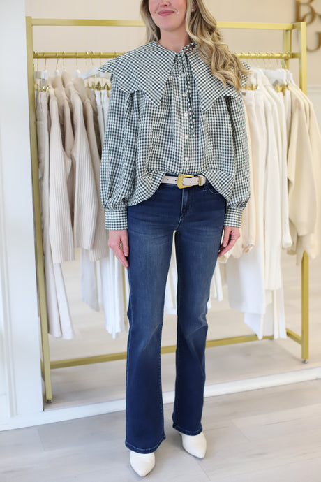 Gingham Peter Pan Collar Top, Hunter Green