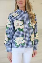 Blue & White Checkered Scattered Magnolia Button Up Top