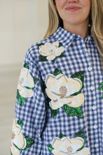 Blue & White Checkered Scattered Magnolia Button Up Top