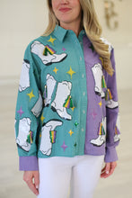 Green & Purple Stripe Colorblock Mardi Gras Boot Button Up