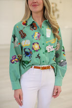 Green & White Gingham Mardi Gras Icon Button Up Cotton Top
