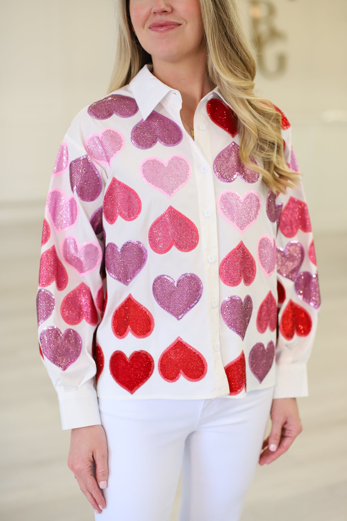 Queen of Sparkles White Multi Rhinestone Hearts Button Up Top