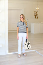 Stripe Button Front Knit Top, Navy