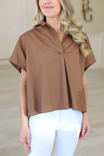 Solid Poplin V-Neck Collar Top, Brown