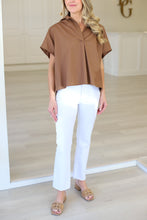 Solid Poplin V-Neck Collar Top, Brown
