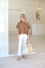 Solid Poplin V-Neck Collar Top, Brown