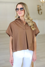 Solid Poplin V-Neck Collar Top, Brown