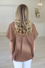 Solid Poplin V-Neck Collar Top, Brown