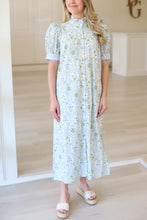 Blue Floral Puff Sleeve Maxi Dress