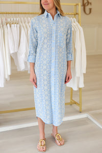 Blue Cream Embroidery Midi Dress