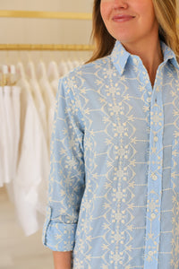Blue Cream Embroidery Midi Dress