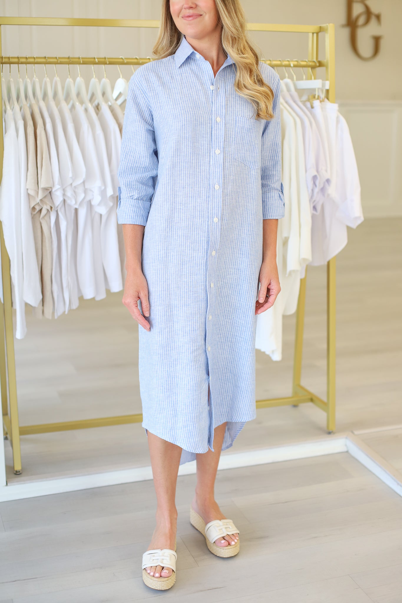 Linen Blue Stripe Midi Dress Small / Blue Stripe