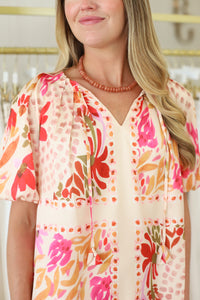 Floral Scarf Split Neck Dress